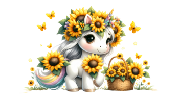 süß Einhorn mit ein Sonnenblume Krone, umgeben durch Schmetterlinge und Sonnenblumen. perfekt zum Fantasie, Kinder, und wunderlich Themen. png