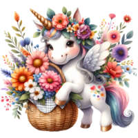 Whimsical unicorn holding a basket filled with vibrant flowers, surrounded by blooming flora. A magical and enchanting scene. png