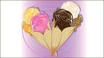 Ice cream cone. Delicious ice cream cone flavours of strawberry, caramel, orange, chocolate, pudding and vanilla. vector