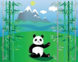 cute panda on a background of mountains among bamboo. Wildlife is full of beauty, traveling to different parts of the world opens up new horizons. vector