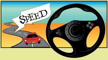 A computer game of racing. Game steering wheel for games of racing in cool foreign cars. vector