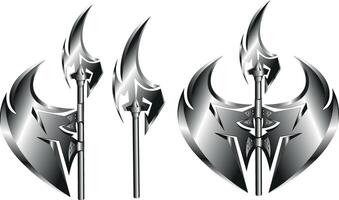 Sparkling double-sided battle axe, single-blade battle axe, spear made from heavy-duty steel. vector