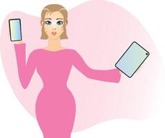 Charming Lady with the phone and tablet. Social networks, Internet work social media, office work vector