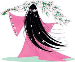 magical Sakura Lady. Eye-catching beautiful cherry blossom goddess, create with magic a cherry blossom branch. Cherry blossoms bloom in her hands. Charming spring miracle. vector