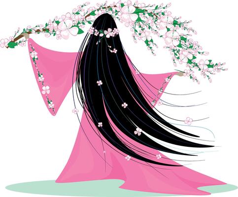 magical Sakura Lady. Eye-catching beautiful cherry blossom goddess, create with magic a cherry blossom branch. Cherry blossoms bloom in her hands. Charming spring miracle.