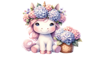 Adorable unicorn with a floral crown sitting beside a basket of flowers, perfect for whimsical and magical themes. png