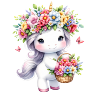 Adorable unicorn wearing a floral crown with a basket of colorful flowers, surrounded by butterflies. Perfect for children's illustrations. png