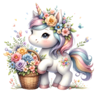 Adorable unicorn with floral crown and basket of flowers. Perfect for children's illustrations and fantasy-themed artwork. png
