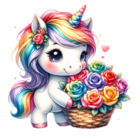 Adorable rainbow unicorn with a basket of colorful flowers and heart illustration, perfect for cute and magical themes. png