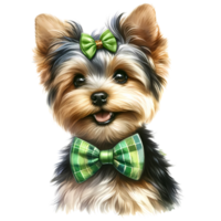 Adorable Yorkshire Terrier with green bows, smiling and looking cute. Ideal image for pet lovers, dog-themed projects, or greeting cards. png