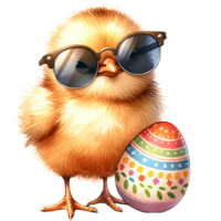 Adorable chick wearing sunglasses standing next to a colorful Easter egg, perfect for festive celebrations and seasonal greetings. png