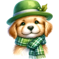 Adorable illustration of a puppy wearing a green hat and scarf, perfect for festive or holiday themes, adding a touch of cute charm. png