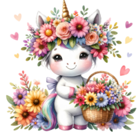 Cute unicorn with colorful flower crown and basket, surrounded by hearts. Perfect for cheerful and magical designs. png