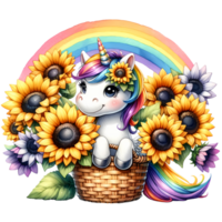 adorável unicórnio com arco Iris juba e girassol cesta, cercado de uma vibrante arco Iris e flores perfeito para fantasia ou crianças temas. png