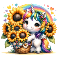 Adorable cartoon unicorn with rainbow mane hugging sunflower basket, surrounded by colorful hearts and rainbow. png