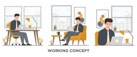 Flat people office workers working, desk set concept illustration vector