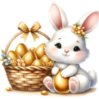 Cute white bunny holding a golden Easter egg, sitting next to a basket filled with golden eggs. Spring flowers adorn the scene. png