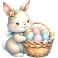 Cute bunny with a basket of colorful Easter eggs, perfect for celebrating the spring holiday and Easter-themed designs. png