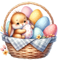 A cute bunny sitting in a basket filled with colorful Easter eggs, perfect for springtime and holiday-themed designs. png