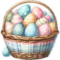 Colorful Easter eggs in a decorative basket, perfect for festive and seasonal celebrations and spring-themed designs. png