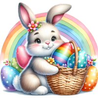 Adorable bunny holding colorful Easter egg with basket of eggs, perfect for springtime and holiday celebrations. png