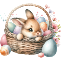 adorabile coniglietto nel un' di vimini cestino con colorato Pasqua uova e fiori, Perfetto per primavera e a tema pasquale disegni. png