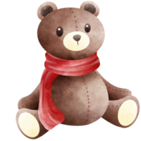 A brown teddy bear wearing a red scarf png