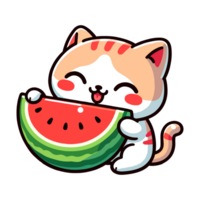 cute cat eating watermelon cartoon icon character png