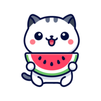 cute cat eating watermelon cartoon icon character png