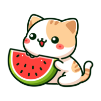 cute cat eating watermelon cartoon icon character png