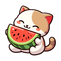 cute cat eating watermelon cartoon icon character png