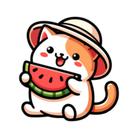 cute cat eating watermelon cartoon icon character png