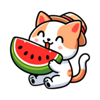 cute cat eating watermelon cartoon icon character png