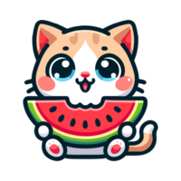 cute cat eating watermelon cartoon icon character png