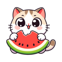 cute cat eating watermelon cartoon icon character png