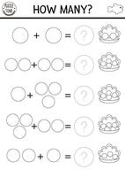 How many pearls game. Under the sea black and white math addition activity for preschool children. Simple ocean life printable line counting worksheet or coloring page for kids with seashell vector