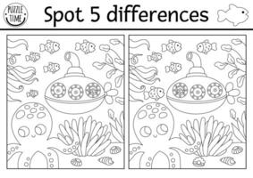 Find differences game for children. Black and white educational activity with cute submarine, octopus, sea landscape. Ocean life line puzzle for kids with boat. Underwater printable coloring page vector