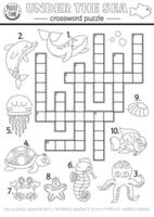 black and white under the sea crossword puzzle for kids. Simple line ocean life quiz with for children. Educational marine activity, coloring page with fish, water animals, whale, dolphin vector