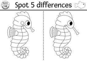 Find differences game for children. Under the sea black and white educational activity with cute seahorse. Ocean life line puzzle for kids with water animal. Underwater printable coloring page vector