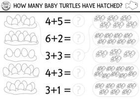 cómo muchos bebé tortugas tener eclosionado juego. debajo el mar negro y blanco matemáticas adición actividad o colorante página. sencillo línea Oceano vida imprimible contando hoja de cálculo para niños con agua animales vector