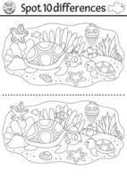 Find differences game for children. Black and white educational activity with cute tortoise, baby and sea landscape. Ocean life line puzzle for kids with boat. Underwater printable coloring page vector