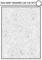 black and white under the sea searching game with seahorse hiding in corals. Spot hidden water animal. Simple ocean life seek and find printable activity, coloring page. Visual attention quiz vector