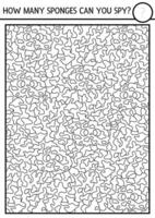 black and white under the sea searching game with sponges. Spot hidden water animals. Simple ocean life seek and find printable activity or coloring page for kids. Visual attention quiz vector