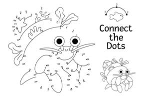 dot-to-dot and color activity with cute hermit crab. Under the sea connect the dots game for children with funny water animal. Ocean life coloring page for kids. Printable worksheet vector