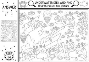 black and white under the sea searching game with sea landscape, wrecked ship. Spot hidden crabs. Simple ocean life seek and find printable activity, coloring page for kids. Water animal hunt vector