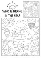 dot-to-dot and color activity with cute seahorse hidden in landscape. Under the sea connect the dots game for children with funny water animal. Ocean life coloring page for kids with fish vector