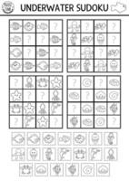 black and white under the sea sudoku puzzle for kids with pictures. Simple line ocean life quiz with cut and glue elements. Education activity or coloring page with water animals and fish vector