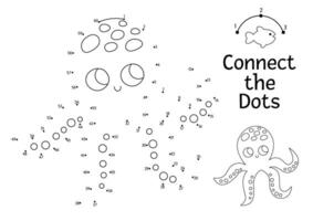 dot-to-dot and color activity with cute octopus. Under the sea connect the dots game for children with funny water animal. Ocean life coloring page for kids. Printable worksheet vector