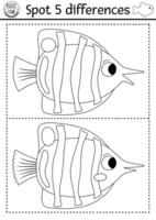 Find differences game. Under the sea black and white educational activity with cute butterfly fish. Ocean life line puzzle for kids with water animal. Underwater printable coloring page vector