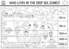 black and white under the sea landscape illustration. Ocean life line scene poster with animals. Educational water nature background or coloring age. Who lives in the deep sea zone vector